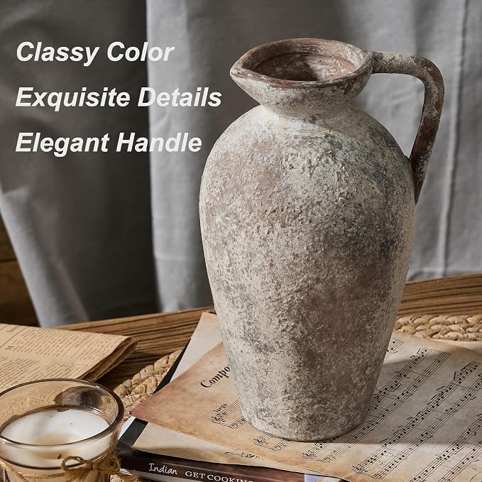 PORCER 9.3 Inch Antique Ceramic Vase, Terracotta Vase with Handle, Tuscan Decor Farmhouse Decorative Vase, Rustic Vase for Home Decor, Living Room, Entryway, Wedding - Distressed Design, Gray