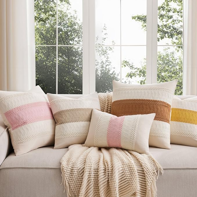 2 Pack Boho Throw Pillow Covers, Contrast Light Pink 16x16in | Soft Breathable Cotton, Farmhouse Decorative Couch Pillow Cases, Cushion Covers for Sofa Bed Living Room Home Decor