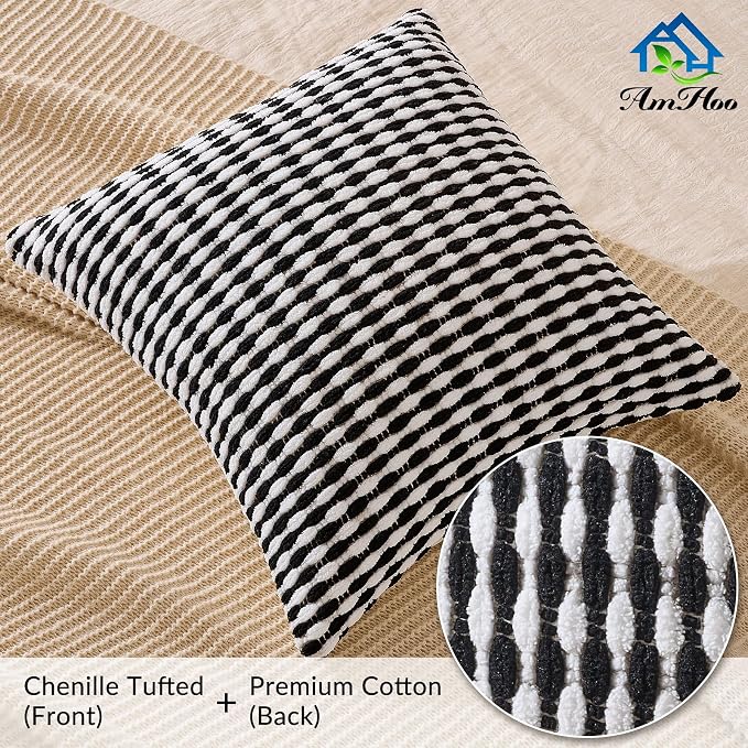 Boho Chenille Pillow Cover Decorative Tufted Pillowcase for Couch Bed Sofa Bedroom Living Room Modern 18 x 18-Inch Black