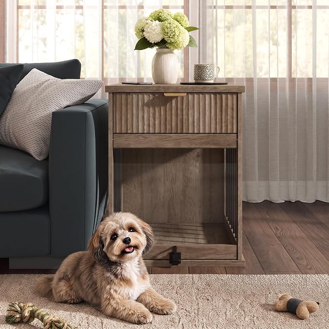 Dog Crate Furniture End Table for Small Dogs with Charging Station (Grey)