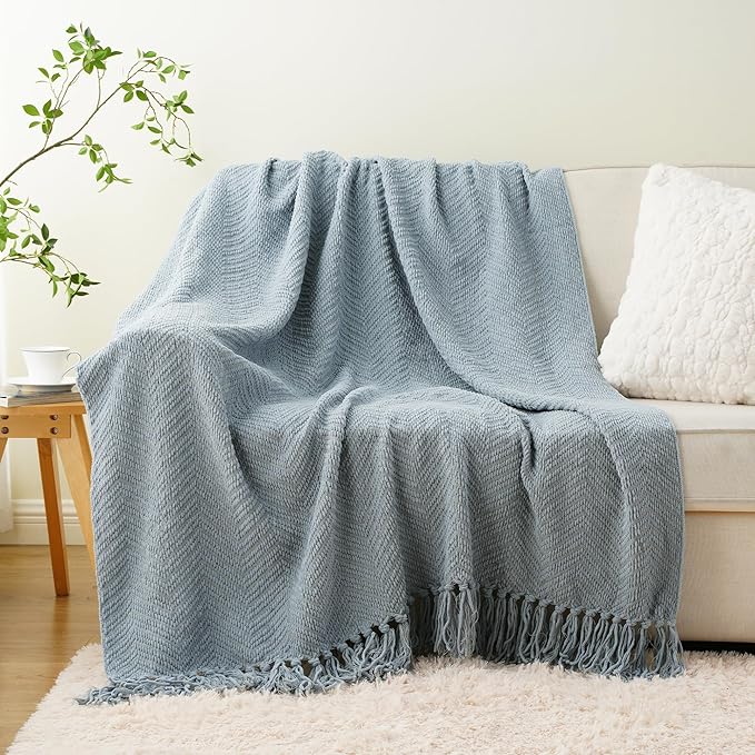 BATTILO HOME Blue Grey Chenille Throw Blanket for Couch, 60"x80" | Knit Throw Blanket, Super Soft Warm Home Decor Blue Throw Blanket with Tassels for Bed,Sofa and Living Room