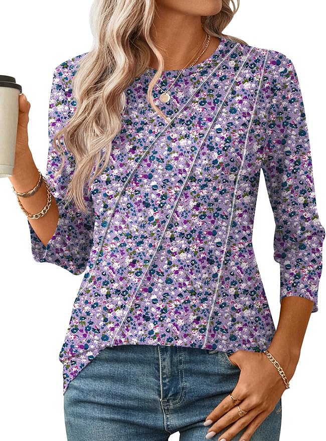 LOMON 3/4 Length Sleeve Womens Tops Spring Summer Fashion 2026 Tops Crew Neck Pleated Shirts Tunic Top Loose Fit