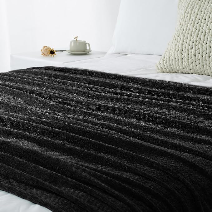 Chenille Throw Blanket for Couch 50" x 60", Black | Soft Cozy Luxury Throws with Fringe Tassel, Living Room Bed Sofa Chair Cover, Lightweight Knitted Boho Blankets Home Decor