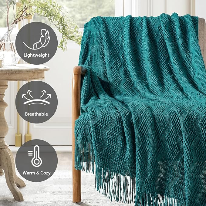 BOURINA Teal Throw Blanket 50x60 Inch Soft Ripple Throw Knitted Blanket | Soft Ripple Throw Textured Solid Soft Throws and Blankets for Sofa or Bed Knitted Decorative Blanket