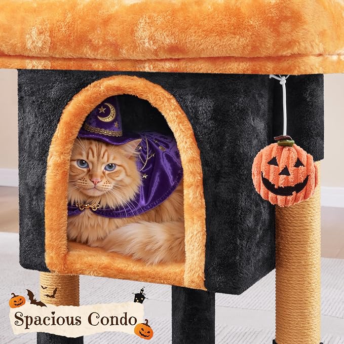 Yaheetech Halloween Cat Tree, Black/Pumpkin Orange Small Cat Tower | Fits small rooms, gothic cute cat bed, wide perch for lounge and scratch, assembles fast with included tools, halloween decor