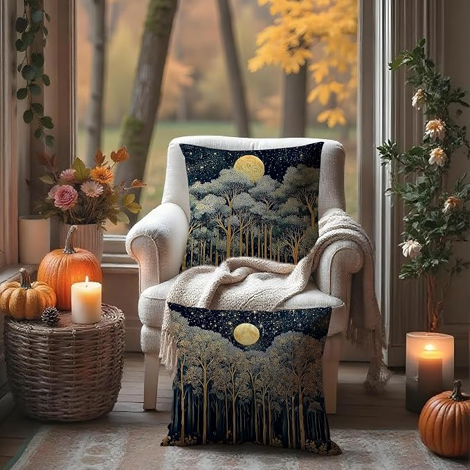 Rustic William Morris Night Forest Green Moon Decor Pillow Covers 18x18 Set of 2,Vintage Botanical Nature Landscape Decorative Throw Pillow Covers for Home Bedroom Living Room