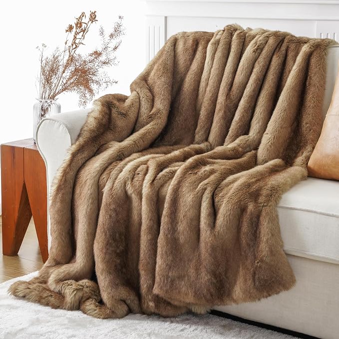 BATTILO Luxury Ochre Faux Fur Throw Blanket for Couch, Home Decor, 60"x80" | Large Soft Cozy Mink Plush Warm Elegant Furry Fluffy Faux Fur Blanket for Bed, Sofa, Living Room, Long Pile