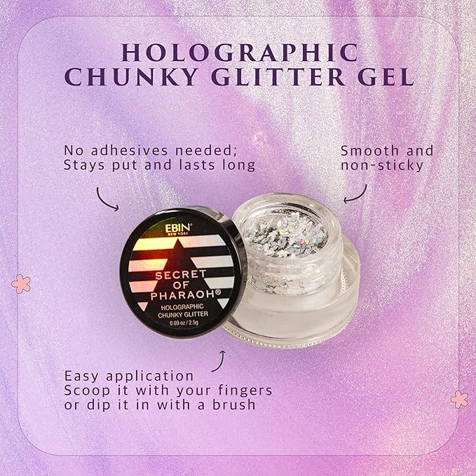 Secret of Pharaoh Holographic Chunky Glitter Gel for Face, Body, Hair - Pink Passion | Vibrant Colores, Festival and Party Makeup - Versatile and Long-Lasting Dazzling and Shimmering Effect