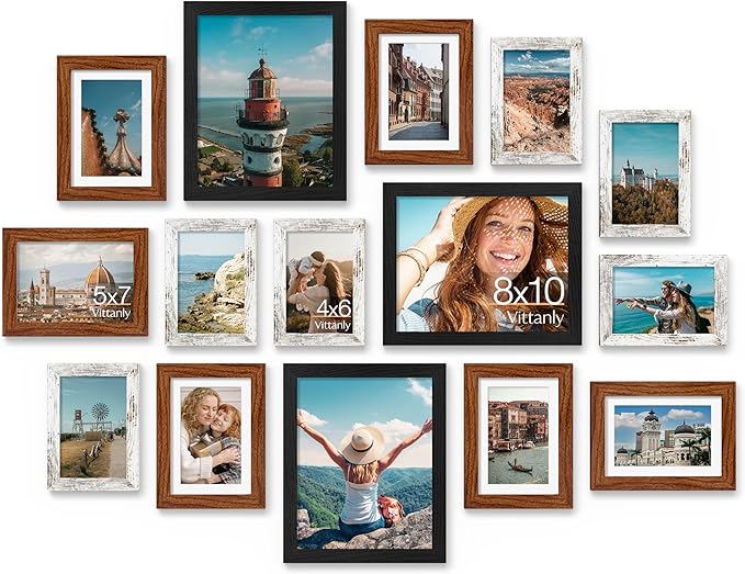 Vittanly 15 Pack Picture Frame Set, Black, Walnut Brown, Distressed White | Picture Frames Collage Wall Decor: 3pcs 8x10, 6pcs 5x7, 6pcs 4x6. Gallery Wall Frame Set for Wall or Tabletop Display