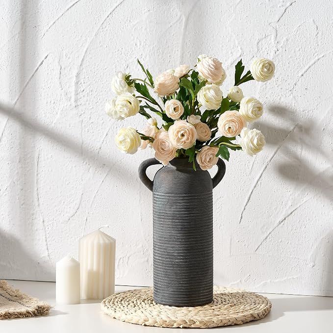 10.16" Tall Ceramic Rustic Vase for Home Decor, Terracotta Vase with Handles, Handcrafted Vintage Decorative Flower Vase for Farmhouse, Living Room, Table, Fireplace, Nightstand- Black Bronze