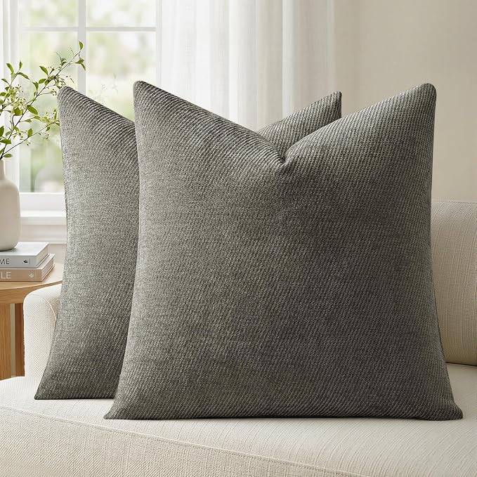 a moment Pack of 2 Decorative Chenille Throw Pillow Covers with Twill Cushion Covers for Sofa Living Room Couch Bed 18x18 Inch Dark Gray