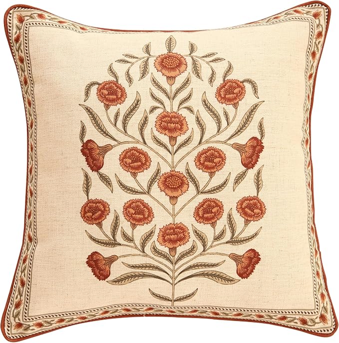 Designer Vintage French Linen Throw Pillow Cover,18"x18"-Albano B | Elegant Square Pillow Cover,Concealed Zipper Design,Floral Pattern,Sofas,Bedroom,Living Room,Lounge Chairs,Decor