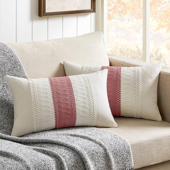 2 Pack Boho Lumbar Pillow Covers, Contrast Dusty Pink 12x20in | Soft Breathable Cotton, Farmhouse Decorative Couch Pillow Cases, Cushion Covers for Sofa Bed Living Room Home Decor