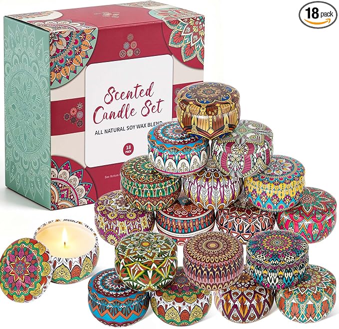 Scented Candles Gift Set, 18 Pack Soy Wax Aromatherapy Candles, 18 Fragrances in Bohemian Travel Tins, 360-Hour Burn, Birthday & Housewarming Gifts for Women