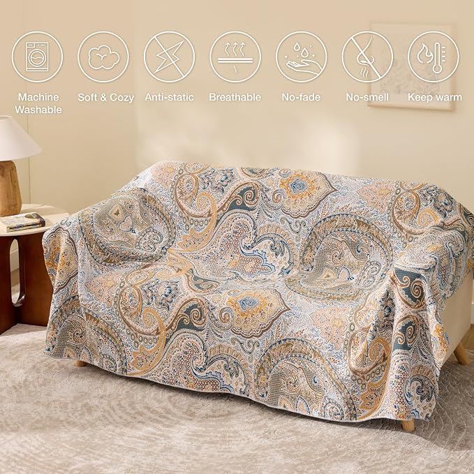 100% Cotton Boho Throw Blanket for Home Decor – Classic Farmhouse Quilt Bedding, Muslin Blankets for Adults, Vintage Woven Decorative Blanket for Couch, Bed Layering Use, Paisley Pattern, 50"x60"