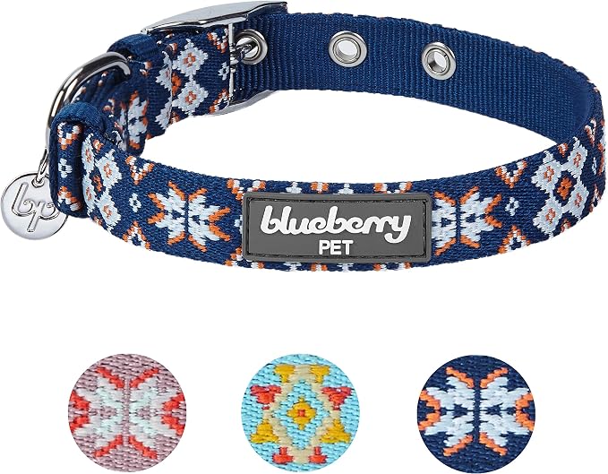 Blueberry Pet Southwestern Modern Tribal Print Navy Braided Adjustable Dog Collar with Metal Buckle, Neck 17-20.5", for Large Breed