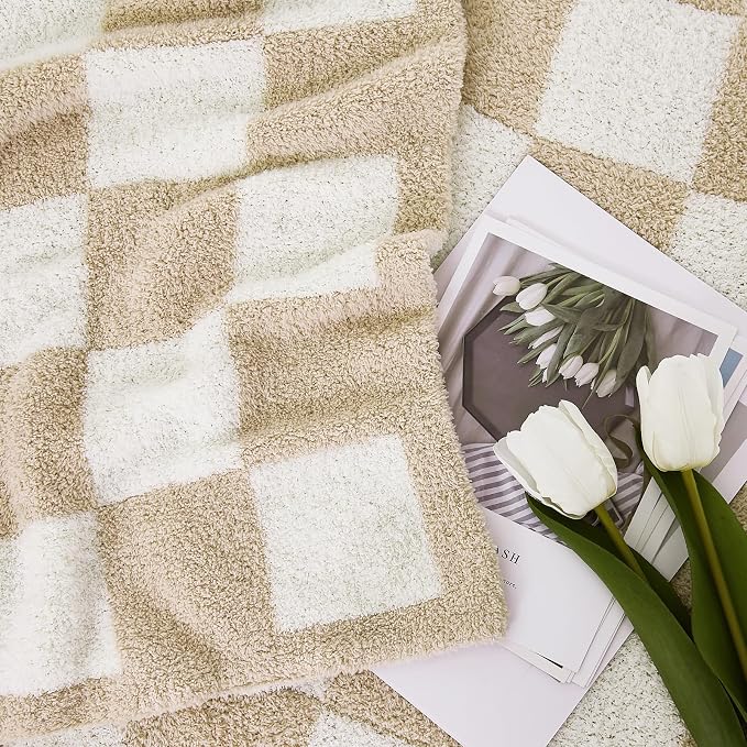 Soft Checkered Throw Blanket for Couch-Cozy Warm Knitted Blankets | Lightweight Warm Fluffy Decor for Women, Mom, Her & Girls, Sofa, Chair, Bed, 50x70in, Beige