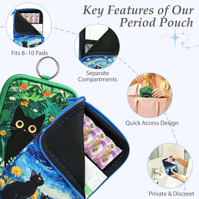 KJQJLY 2 Pack Portable Tampon Organizer Bag Tampon Holder & Storage Case with Zipper for Travel, Discreet Period Bag for Purse, Waterproof Feminine Products Pouch for Women (Cat)