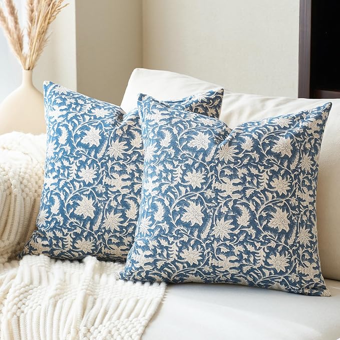 FIOUOVO Floral Throw Pillow Covers 18x18 Farmhouse Block Print Pillow Covers Decorative Pillow Covers Couch Pillows for Living Room Vintage Accent Sofa Pillows Set of 2, Vintage Blue