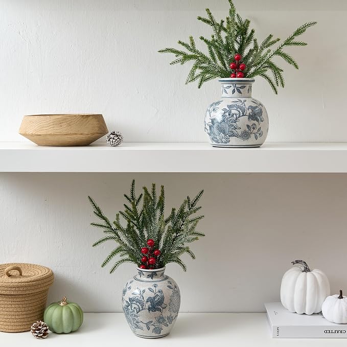 SIDUCAL Ceramic Chinoiserie Floral Vase | 6.3 Inch Blue and White Vintage | Retro Ice Cracked Blue and White Porcelain Vase for Table, Living Room, Bathroom Decoration, Shelf Decor, Mantel