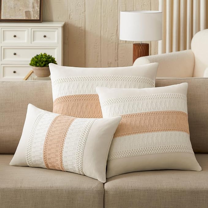 2 Pack Boho Throw Pillow Covers, Contrast Beige 20x20in | Soft Breathable Cotton, Farmhouse Decorative Couch Pillow Cases, Cushion Covers for Sofa Bed Living Room Home Decor
