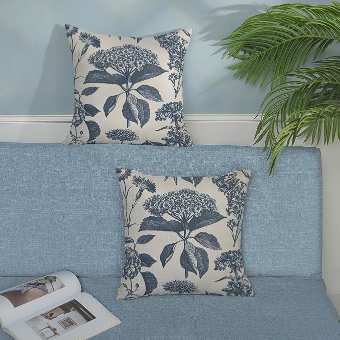 Floral Pillow Covers 20x20 Set of 2 Vintage Blue Hydrangea Herbs Botanical Throw Pillow Cover Outdoor Decoration Boho Flower Pillowcase Farmhouse Decorative Linen Cushion Case for Home Couch