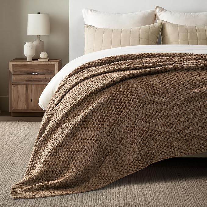 EVERGRACEHOME Chunky Chenille Knit Throw Blanket, 90 x 90, Camel Brown | Sculpted Moss Stitch, Chic Modern Farmhouse, All-Season Warmth, OEKO-TEX® Certified, Oversized Queen for Couch, Bed, Sofa