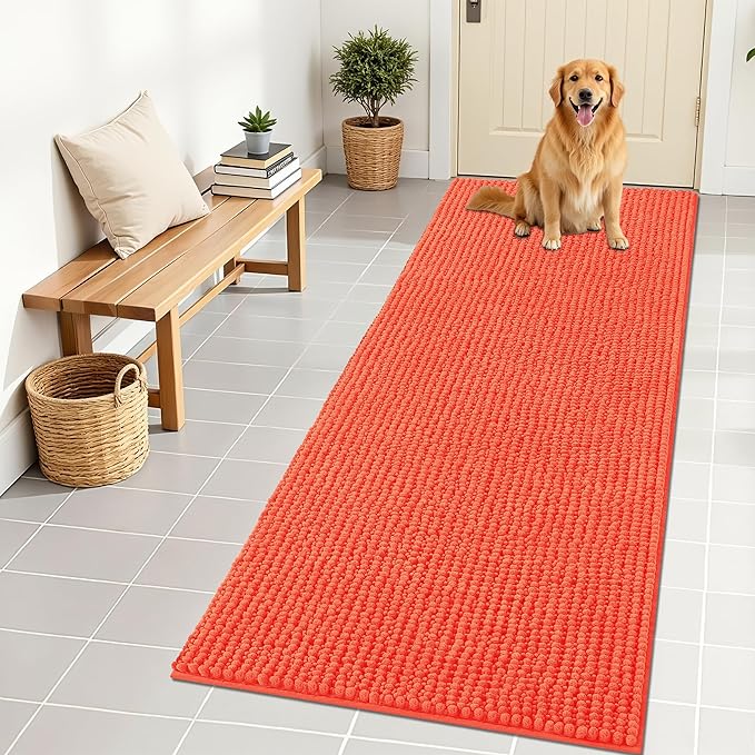 OLANLY Dog Door Mat for Muddy Paws 70x24, Extra Absorbent Chenille Mud Mat | Coral, Absorbs Moisture and Dirt, Non-Slip Machine Washable Doormat, Quick-Drying Indoor Entryway Floor Mat for Dogs