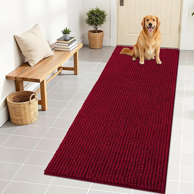 OLANLY Dog Door Mat for Muddy Paws 70x24, Extra Absorbent Chenille Mud Mat | Burgundy, Absorbs Moisture and Dirt, Non-Slip Machine Washable Doormat, Quick-Drying Indoor Entryway Floor Mat for Dogs