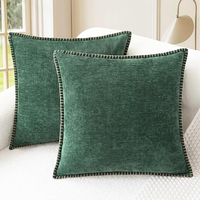 CaliTime Decorative Couch Throw Pillow Covers 26 X 26 Inches Dark Green | Pack of 2, Cozy Chenille Cushion Cases, Cotton Thread Stitching Edges, for Sofa Bed Living Room Farmhouse