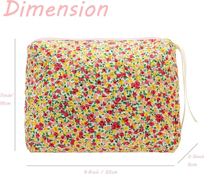 PAZIMIIK Quilted Makeup Bag Large Travel Zipper Soft Cosmetic Pouch for Women Girls Make Up,Little Flower