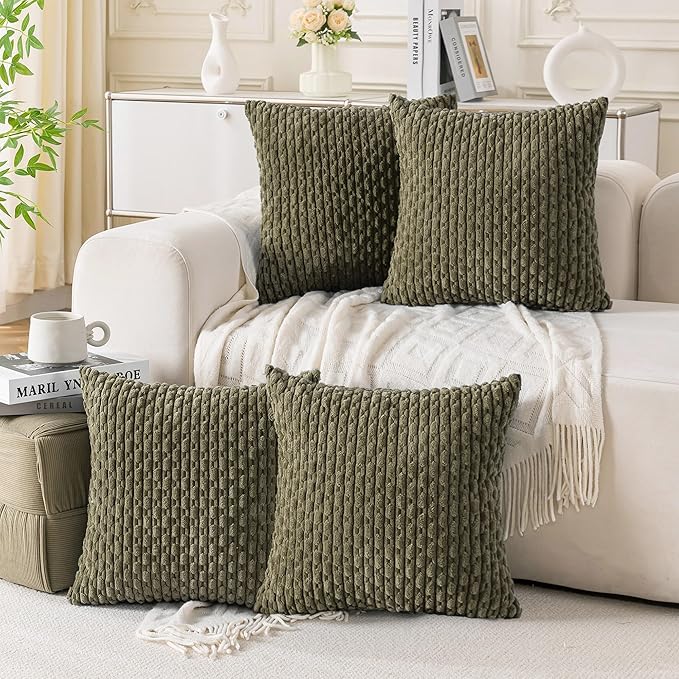 Set of 4 Olive Green Decorative Throw Pillow Covers 24x24 Inch Corduroy Pillow Covers for Bed Couch Sofa Living Room Soft Square Cushion Cases