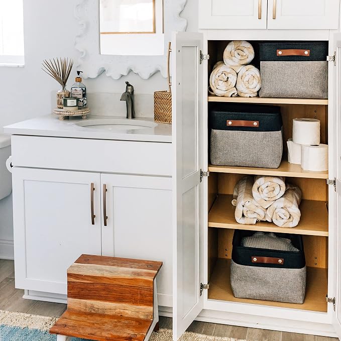 OrganiHaus 16x12.5in Storage Baskets, 3 Pack - Fabric Bins for Shelves | Vegan leather handles; a decorative linen closet organizer, towel and clothes container