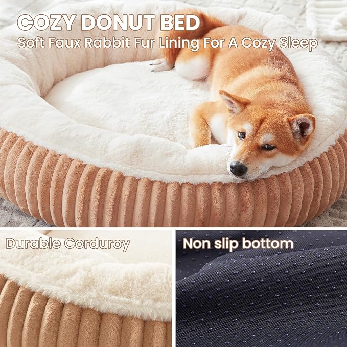 33 inches Calming Donut Dog Bed for Medium Plus Dogs,Mocha | Round Pet Bed with Removable&Washable Cover,Milk Plush Faux Fur, Fits Pets up to 50 lbs