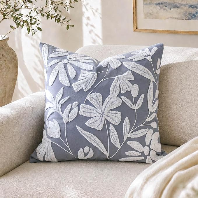 Decorative Throw Pillow Cover 20x20, Coastal Dusty Blue Velvet Accent Cushion Cover for Couch Sofa Living Room, Floral Tufted Square Pillowcase (Cover Only)