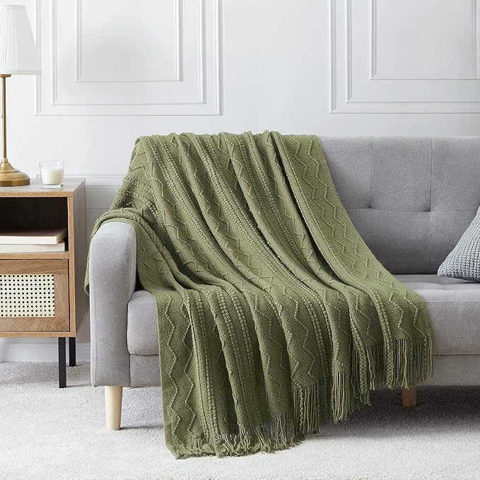 BOURINA Olive Throw Blanket 50x60 Inch Boho Knitted Soft Throw Sofa Blanket | Knitted Throw Blanket 50x60 Inches, Soft Lightweight Boho Weave Throw Decorative Couch Blanket for Living Room Bedroom Chair