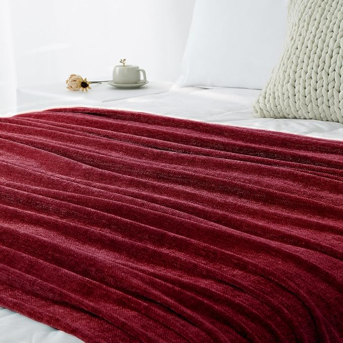 Chenille Throw Blanket for Couch 60" x 80" Twin, Red | Soft Cozy Throws with Fringe Tassel, for Living Room Bed Sofa Chair Cover, Lightweight Knitted Boho Blankets Christmas Decor