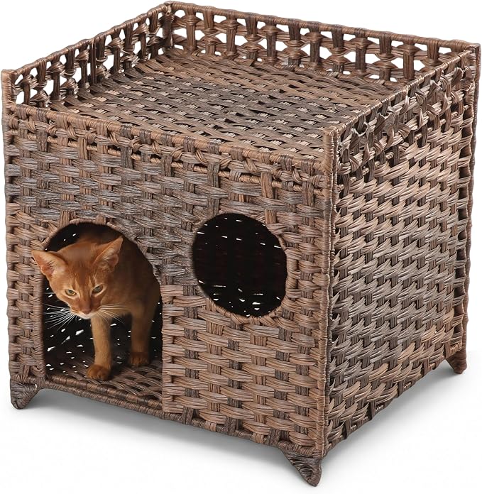 Handwoven Wicker Cat House with Peekaboo Window, for 1-2 Cats Under 20 lb | Woven wicker and raised base for airflow, cool for summer use. Natural furniture look. Rinse clean. Pop open and no assembly.