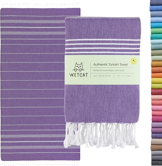 WETCAT Turkish Beach Towel Oversized (38"x71") 100% Turkish Cotton, Made in Turkey - Sand Free, Extra Large, Ultra Soft, Quick Drying, Compact & Lightweight for Travel - Dark Purple