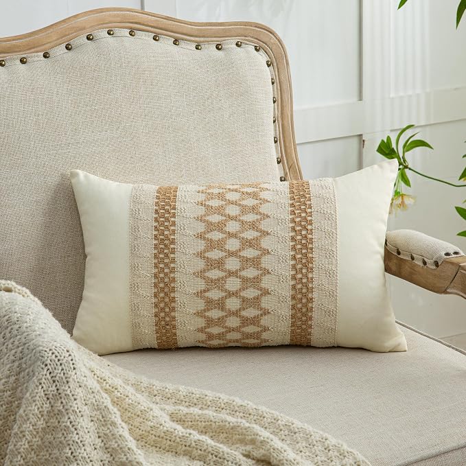 Lumbar Throw Pillow Covers 1PC (Beige & Brown Grid, 12x20 Inch) | Linen Cotton Soft Cozy, Decorative Sofa Couch Pillow Cases, Textured Woven Single Striped, Boho Sytle for Living Room