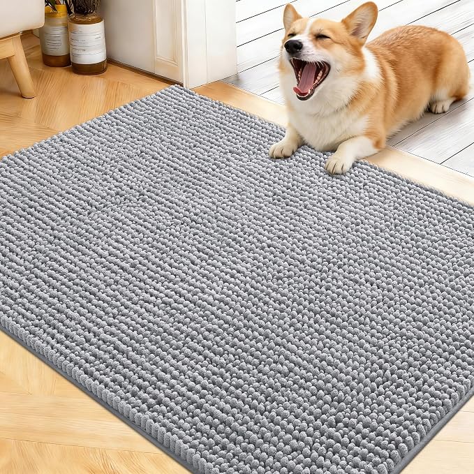 OLANLY Dog Door Mat for Muddy Paws 40x32, Extra Absorbent Chenille Mud Mat | Light Grey, Absorbs Moisture and Dirt, Non-Slip Machine Washable Doormat, Quick-Drying Indoor Entryway Floor Mat for Dogs