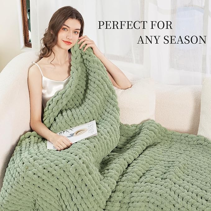 Chunky Knit Blanket Throw for Couch, 51"x63" Chunky Yarn Knitted Blankets | 100% Hand Knit Thick Chenille, Soft Breathable for Bed, Sofa, Home Decor, Cozy Gifts for Women Friends, Sage Green