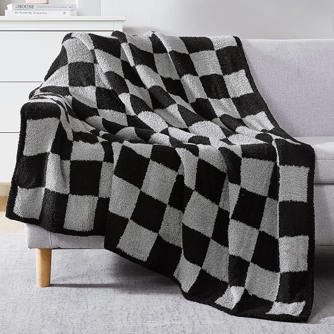 Soft Twin Size Checkered Blanket for Bed-Cozy Knitted Blankets | Lightweight Fluffy Warm Decor for Women, Mom, Her & Girls, Sofa, Chair, Couch, 60x80in, Black Grey