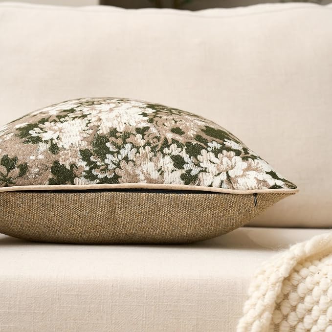 Neutral Floral Pillow Cover 24 x 24 Inches, Vintage Chenille Square Throw Pillow Cover Soft Decorative Farmhouse Accent Couch Pillow Cover for Living Room Bedroom, Green
