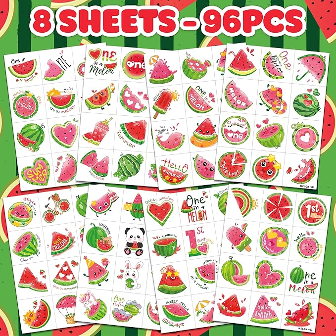96PCS Watermelon Pre-Cut Temporary Tattoos for Kids | Super Cute Themed Birthday Party Favors, Supplies, Decorations, Funny Fruit Fake Tattoo Stickers, School Rewards Prizes & Gifts For Boys & Girls