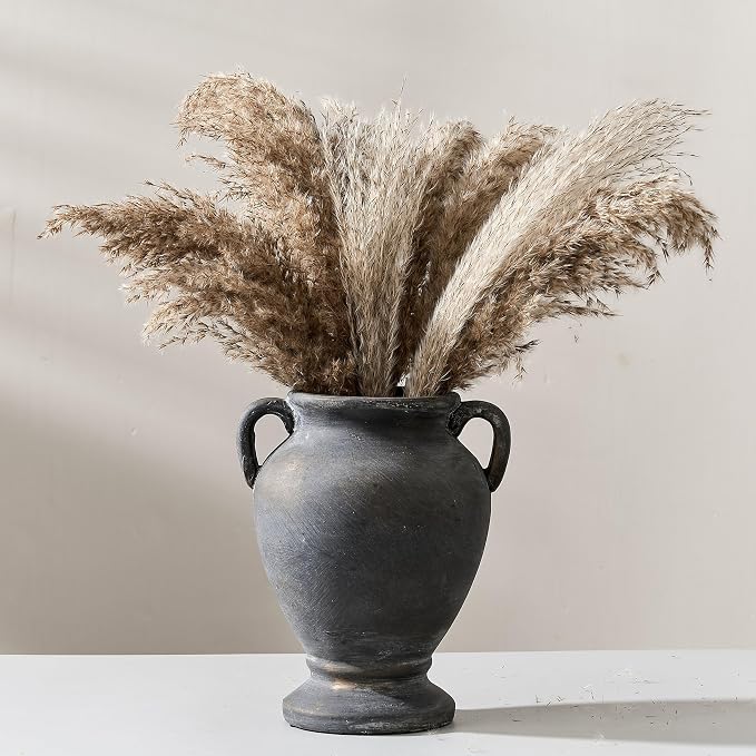 PORCER Ceramic Rustic Flower Vase with Handles, 8.36 Inch Tall Vintage Pottery Home Decor, Farmhouse Terracotta Vase for Living Room, Table, Shelf, Mantel Decoration, Farmhouse- Black Bronze