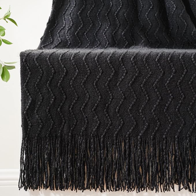 BATTILO HOME Black Throw Blanket for Couch, Boho Black Throws for Home Decor, Soft Throw Blankets for Bedroom Decor Housewarming Gifts, 50"x60"
