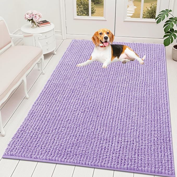 OLANLY Dog Door Mat for Muddy Paws 59x35, Extra Absorbent Chenille Mud Mat | Lavender, Absorbs Moisture and Dirt, Non-Slip Machine Washable Doormat, Quick-Drying Indoor Entryway Floor Mat for Dogs
