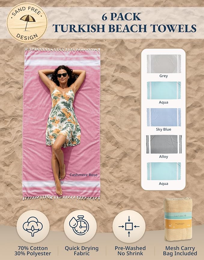 LANE LINEN Beach Towels 6 Pack, Oversized Beach Towel, Lightweight Beach Essentials for Women, Large Pool Towel, Absorbent & Quick Dry, Sand Free Beach Towel, 39"x71" - Nautical Color