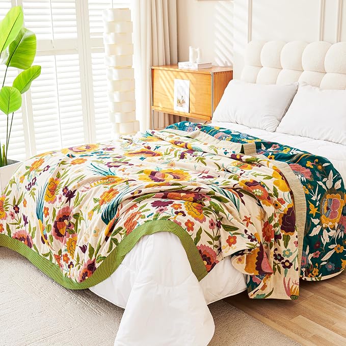 VANJOROY Boho Throw Blanket, 100% Organic Cotton Breathable Ultra Soft 80" x 90" Bed Quilt Throw - All Season Floral Rustic Farmhouse Decor Luxury Reversible Blanket for Sofa Couch Chair and Gift